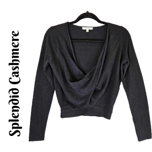 Splendid Womens Cashmere Top Sz XS Black Cropped Long Sleeve Cowl Neck Layer - Picture 1 of 11
